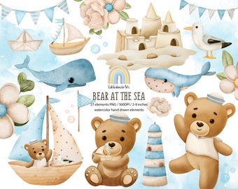 May include: Watercolor clipart set featuring a brown bear wearing a sailor hat, a sailboat, a lighthouse, a whale, a sandcastle, and other nautical elements. The set includes 27 elements in PNG format, 300 DPI, and sizes ranging from 2 to 9 inches.