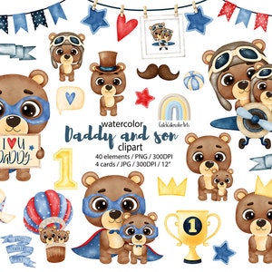 Dia dos Pais PNG clipart aquarela. Super papai. Clipart Papai Urso. Vale-presente do dia dos pais