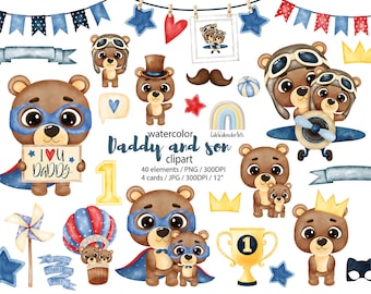 Clip de acuarela PNG del día del padre. Súper papá. Papá Oso clipart. Tarjeta de regalo del día del padre