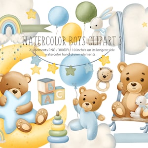 Clipart d’ours d’aquarelle 3, Clipart d’ours en peluche mignon, Baby Shower, It’s a Boy Clipart, Woodland Nursery Clipart, Baby Bear, Nursery clipart