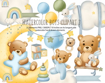 Aquarell Bären Clipart 3, Süße Teddybär Clipart, Baby Shower, It es a Boy Clipart, Woodland Kinderzimmer Clipart, Baby Bär, Kinderzimmer Clipart