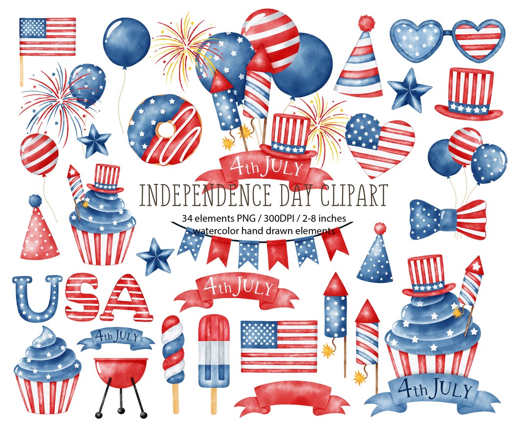4th of July Independence Day Watercolor Clipart, Fourth of July