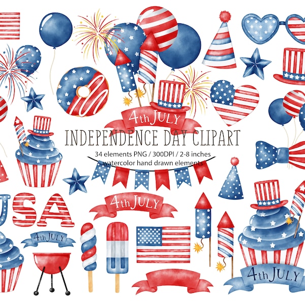 4th of July Independence day watercolor clipart, fourth of july, American celebration, party, Patriotic, USA clipart, Patriotic graphics PNG