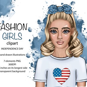 Independence Day 4th Of July Clipart. Fashion Girls clip art. Patriotic Graphics, Flag png, American woman clipart. Sublimation design PNG