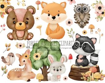 Waldtiere Clipart. Wald süße Baby Tiere Clipart. Waldtiere Aquarell Kinderzimmer. Baby-Dusche. Bär Reh Hase Fuchs Waschbär Eule