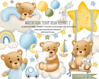 Aquarell Bären Clipart 2, Süße Teddybär Clipart, Baby Shower, It es a Boy Clipart, Woodland Kinderzimmer Clipart, Baby Bär, Kinderzimmer Clipart