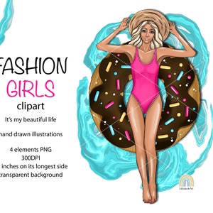Clipart de chica de verano, Mujer joven relajándose en la dona del anillo de natación flotante, Clipart de verano, Clipart de chica de playa, Chica de moda de verano, Clipart rosa