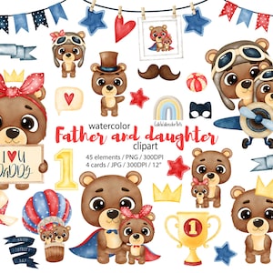 Dia dos Pais PNG clipart aquarela. Clipart de menina. Super papai. Clipart Papai Urso. Cartão de presente do dia dos pais, clipart de ursos em aquarela