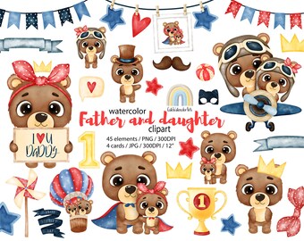 Clip de acuarela PNG del día del padre. Clipart de niña. Súper papá. Papá Oso clipart. Tarjeta de regalo del día del padre, acuarela lleva clipart