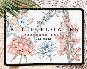 Birth Flowers Procreate Stamps, Floral Procreate Brushes, Botanical Stamps