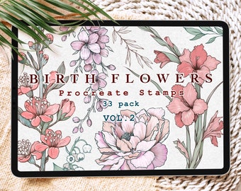 Birth Flowers Procreate Stamps Vol.2, Floral Procreate Brushes, Botanical Stamps Flowers Leaves and Bouquets
