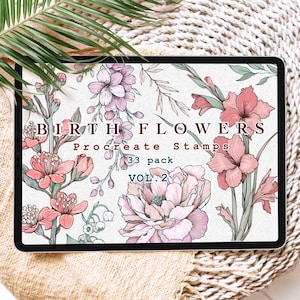 Birth Flowers Procreate Stamps Vol.2, Floral Procreate Brushes, Botanical Stamps Flowers Leaves and Bouquets