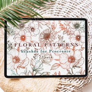 May include: A digital tablet displaying a floral pattern design with the text "Floral Patterns brushes for Procreate 12 pack".