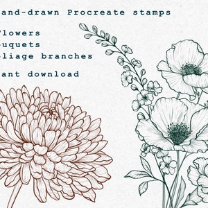 May include: A set of 32 hand-drawn Procreate stamps featuring 24 flowers, 2 bouquets, and 6 foliage branches. The stamps are in black and white and have a vintage style. Instant download.