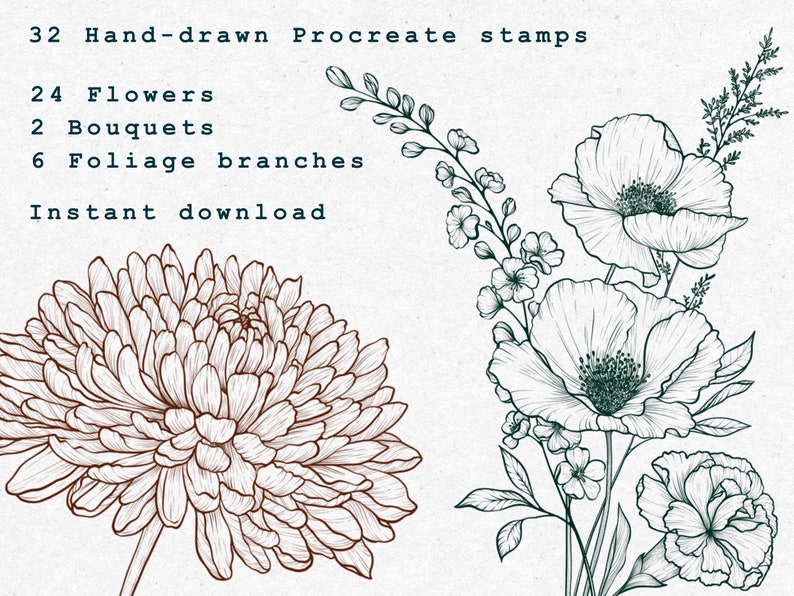 May include: A set of 32 hand-drawn Procreate stamps featuring 24 flowers, 2 bouquets, and 6 foliage branches. The stamps are in black and white and have a vintage style. Instant download.