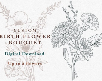 Digital Custom Birth Flowers Bouquet, Family Bouquet Design, Custom Tattoo Design, Floral Tattoo Design