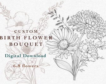 Digital Custom Birth Flowers Bouquet, Family Bouquet Design, Custom Tattoo Design, Floral Tattoo Design