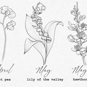 May include: Line drawing illustrations of three flowers: sweet pea, lily of the valley, and hawthorn. The flowers are labeled with their names and the months they bloom in: April, May, and May.