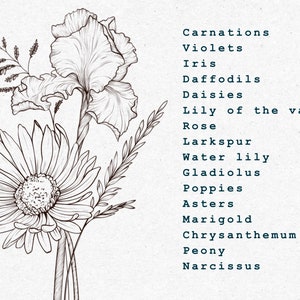 May include: Line drawing of a bouquet of flowers, including a daisy, an iris, and other floral elements. The flowers are drawn in black ink on a white background. The text "Carnations, Violets, Iris, Daffodils, Daisies, Lily of the valley, Rose, Larkspur, Water lily, Gladiolus, Poppies, Asters, Marigold, Chrysanthemum, Peony, Narcissus" is listed on the right side of the image.