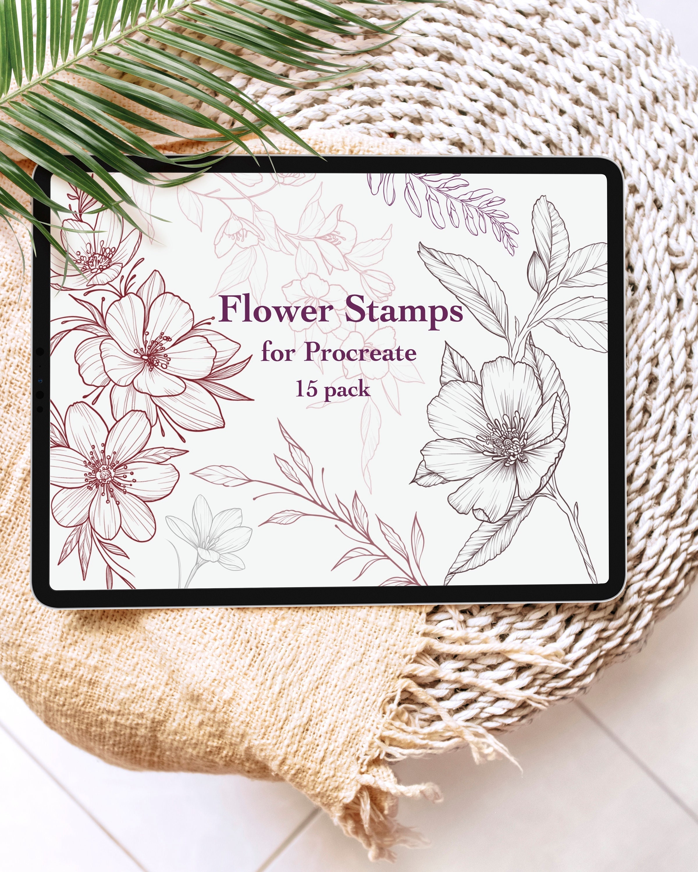 Pinceles de sellos florales para Procreate – 15 estampas dibujadas a mano, ramos y hojas