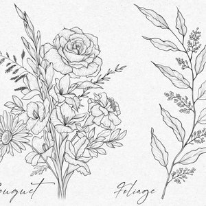 May include: A black and white line drawing of a bouquet of flowers and a sprig of foliage. The bouquet includes a rose, a daisy, and other flowers. The foliage is a sprig of leaves with small buds.