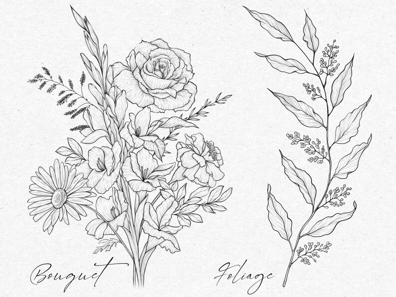 May include: A black and white line drawing of a bouquet of flowers and a sprig of foliage. The bouquet includes a rose, a daisy, and other flowers. The foliage is a sprig of leaves with small buds.