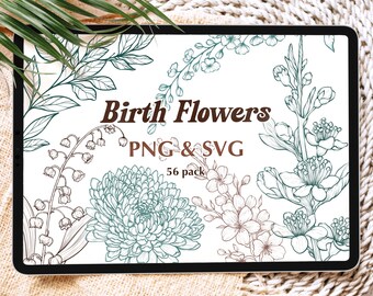 Birth Flowers PNG SVG, Hand Drawn Flowers, Birth Month Flowers Clipart, Vector Floral Line Art, Commercial Use Birthday Flowers Bundle