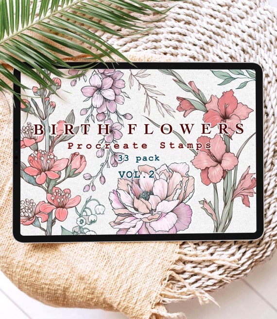 Birth Flowers Procreate Stamps Vol.2, Floral Procreate Brushes, Botanical Stamps Flowers Leaves and Bouquets
