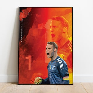 May include: A digital illustration of a soccer player wearing a blue and white jersey with a red, orange, and yellow background. The player is wearing a goalkeeper's gloves and is looking to the right. The text "MANUEL NEUER / GERMANY / WORLD CUP / 1 / 2024" is on the left side of the image.