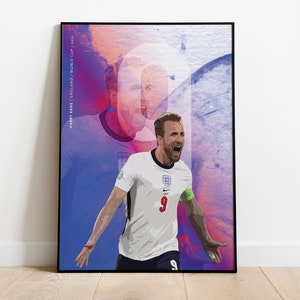 May include: A digital illustration of Harry Kane, a soccer player for England, wearing a white jersey with the number 9 on it. The background is a purple and blue watercolor effect. The text "HARRY KANE | ENGLAND | WORLD CUP / 2022" is on the left side of the image.