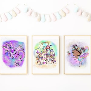 Physical Print | Black Owned Shop | Custom Wall Art Set | Black Fairy, Fantasy Castle, Purple Dragon Unframed Poster | Black Owned Business
