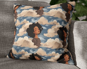 Coussin / Taie d'oreiller, Coussin afro-américain, Housse / Housse fille dans les nuages avec fermeture à glissière, Boutique appartenant à un noir, Entreprise appartenant à un noir
