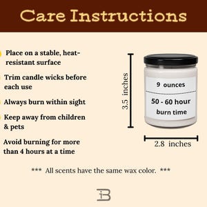 May include: A white candle in a glass jar with a black lid. The label indicates a 9-ounce candle with a 50-60 hour burn time. The jar is 3.5 inches tall and 2.8 inches wide. Care instructions are listed.