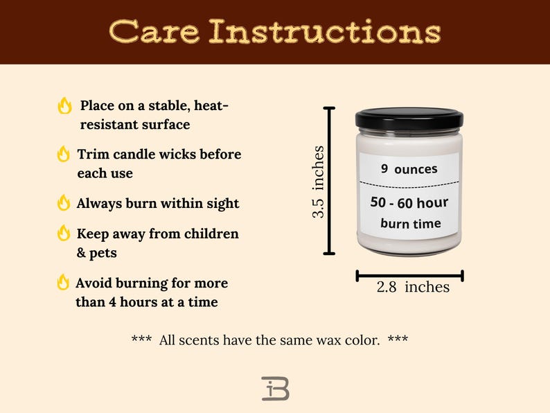 May include: A white candle in a glass jar with a black lid. The label indicates a 9-ounce candle with a 50-60 hour burn time. The jar is 3.5 inches tall and 2.8 inches wide. Care instructions are listed.