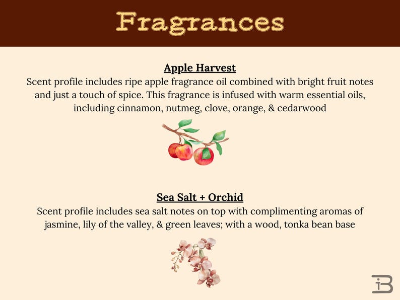 May include: Image featuring the word "Fragrances" in a decorative font. Below, descriptions of "Apple Harvest" and "Sea Salt + Orchid" scents are provided. Watercolor illustrations of apples and orchids accompany the text, detailing fragrance notes.