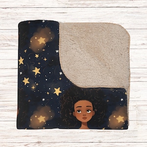 Throw Blanket ft. African American girl in night stars, Sherpa fleece/polyester, Gift for girls room, Black owned shop, Black owned business