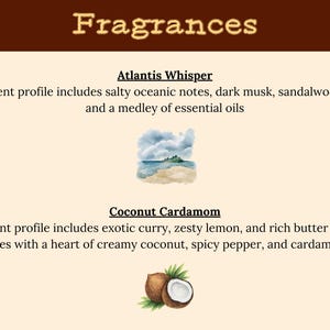 May include: Image featuring the word "Fragrances" in a decorative font. Below, descriptions of two scents: "Atlantis Whisper" with oceanic notes, and "Coconut Cardamom" with curry and coconut notes. Includes illustrations of a beach scene and coconuts.