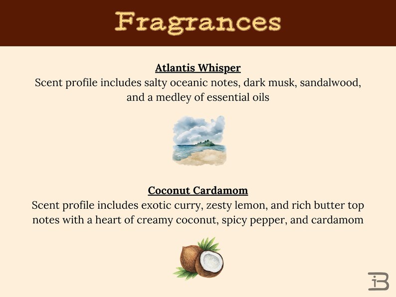 May include: Image featuring the word "Fragrances" in a decorative font. Below, descriptions of two scents: "Atlantis Whisper" with oceanic notes, and "Coconut Cardamom" with curry and coconut notes. Includes illustrations of a beach scene and coconuts.