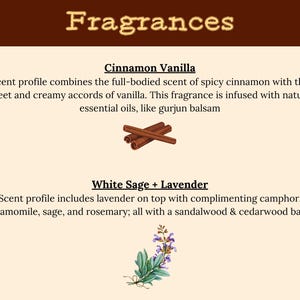 May include: Image with the word "Fragrances" at the top. The text describes two scent profiles: Cinnamon Vanilla and White Sage + Lavender. Illustrations of cinnamon sticks and lavender are included.