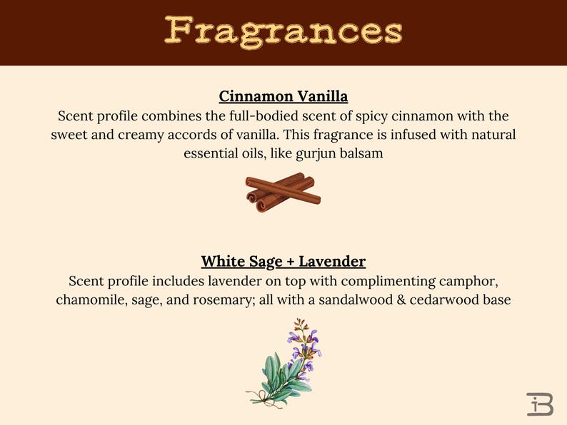 May include: Image with the word "Fragrances" at the top. The text describes two scent profiles: Cinnamon Vanilla and White Sage + Lavender. Illustrations of cinnamon sticks and lavender are included.
