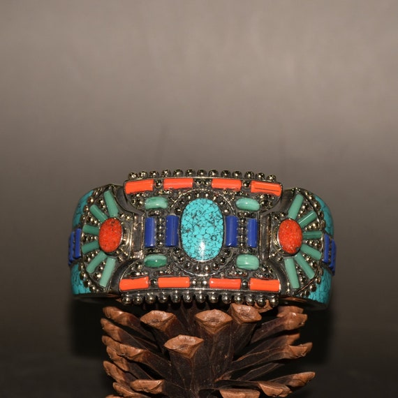 45128 Nepalese white copper inlay turquoise & lap… - image 8