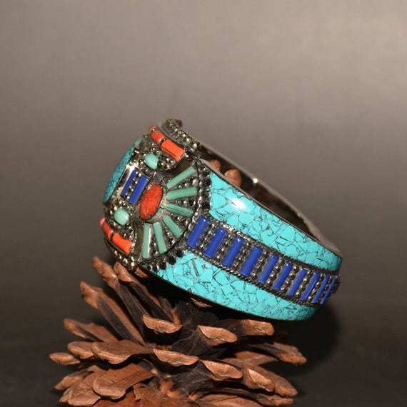 45128 Nepalese white copper inlay turquoise & lap… - image 3