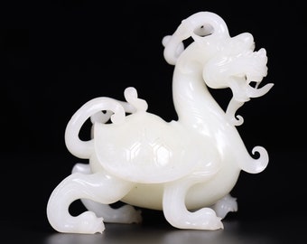 43351 Hetian white jade hand-carved dragon turtle statue