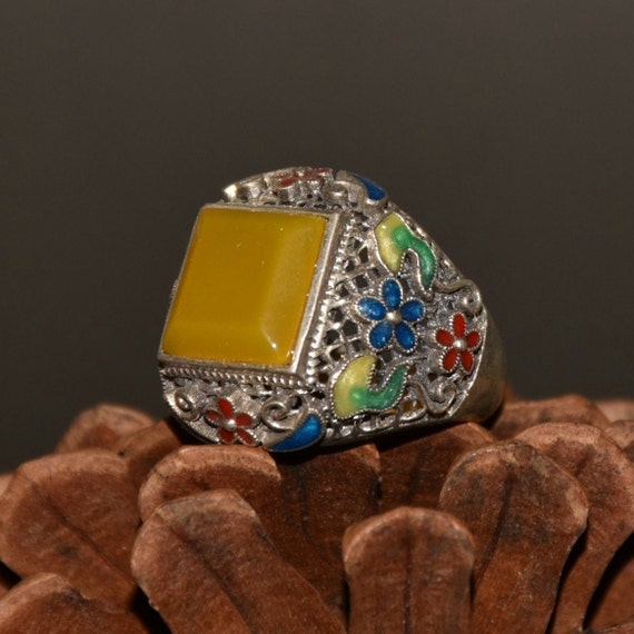 45188 Openwork chinese silver Enamel inaly yellow… - image 1