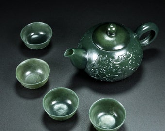 4577 A set green hetian jade low relief flower design teapot & cups