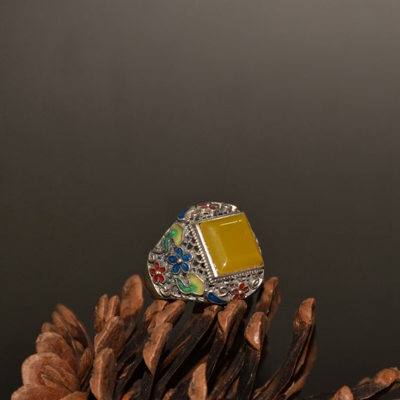 45188 Openwork chinese silver Enamel inaly yellow… - image 7