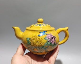 45460 Chinese yixing zisha clay famille rose chrysanthemum & bird design teapot w Artist Signed