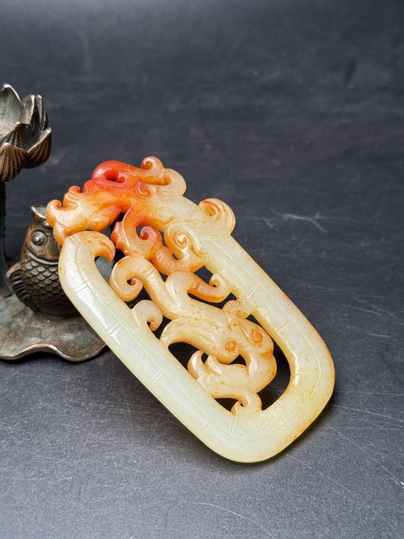 43331 Hetian jade hand-carved dragon and phoenix … - image 5