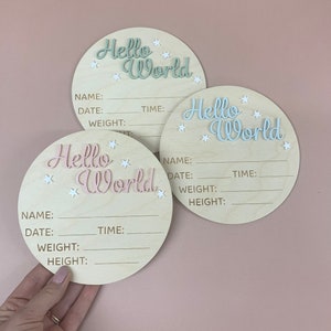 Birth Announcement Plaque || Hello World Birth Announcement || Wooden birth announcement plaque || Birth announcement sign || Baby name sign