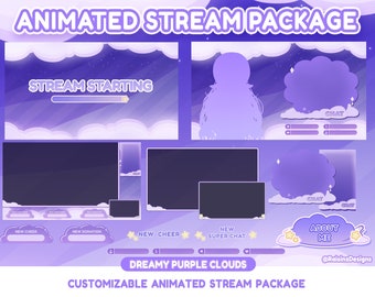 Animated Stream Overlay Package for Twitch / Dreamy Purple Cloud / Vtuber Overlay / Cute Cozy Aesthetic / lofi Twitch overlay / Pastel
